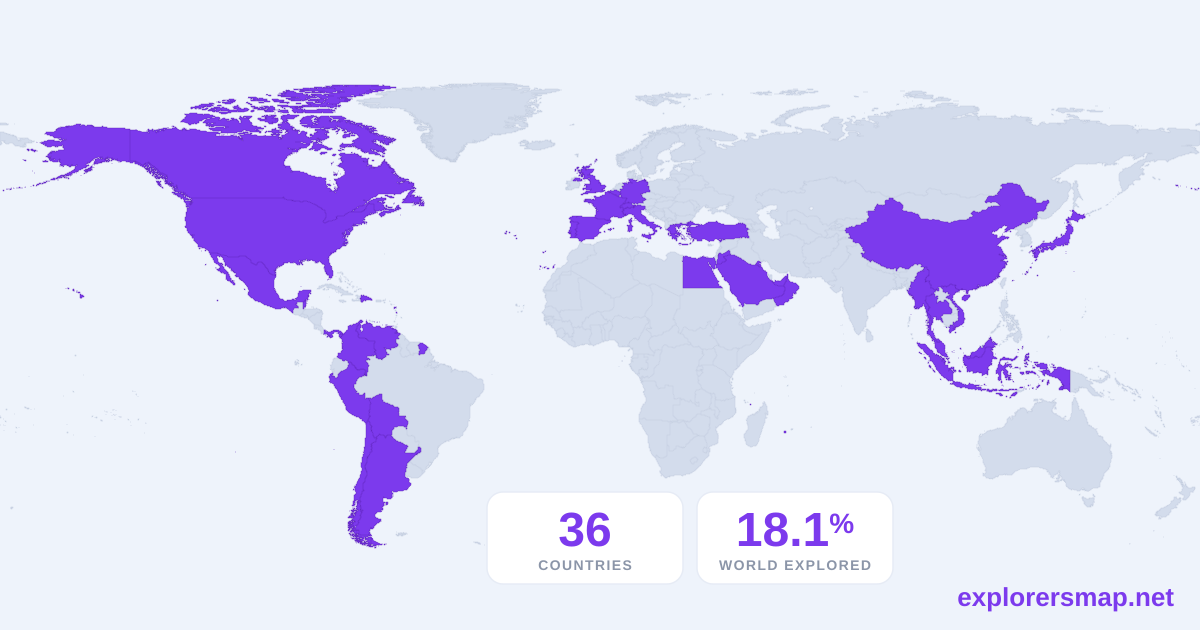 Davidkennar's map — 36 countries, 18.1% of the world | ExplorersMap